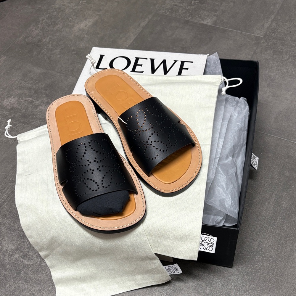 Authentic Loewe Black and Tan Leather Slides